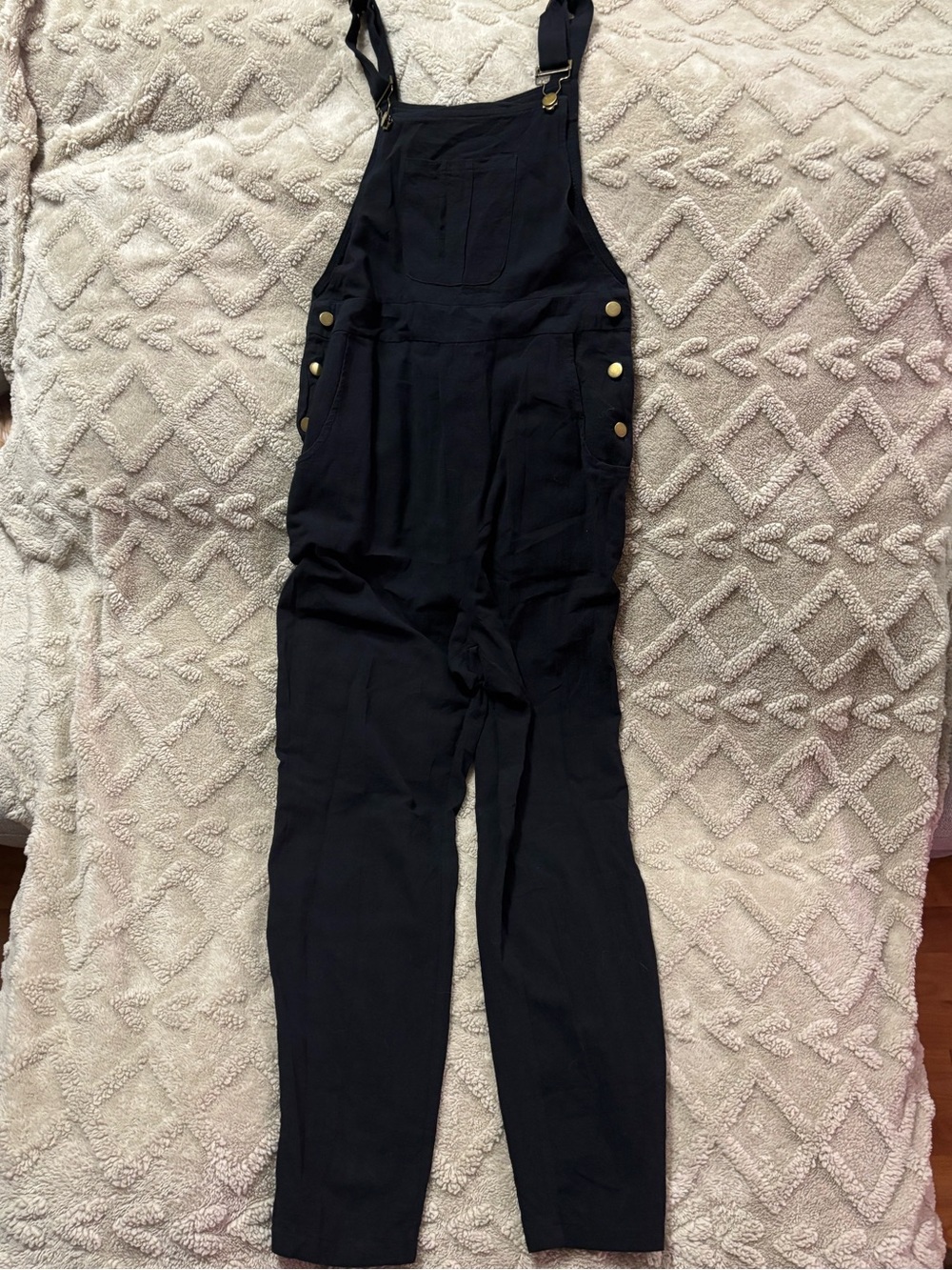 Black Linen Adjustable Strap Overalls Jumpsuit with Gold Buttons